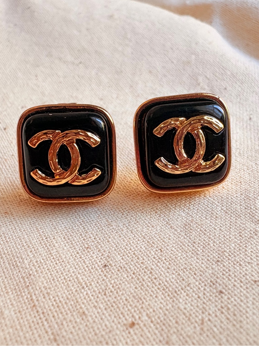 CHANEL Black and Gold CC Square Button Earrings